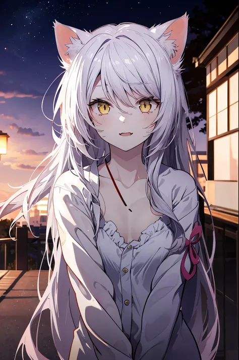 Cat ear girl,slutty yellow eyes,（masterpiece,Gray Hair,It shows everything from the upper body to the lower body,１Picture）perfect limb,Excited eyes,（masterpiece,Gray Hair,Overall view,Japanese Anime）perfect limb,（ Pink sleepwear with chest visible,Sleepwea...