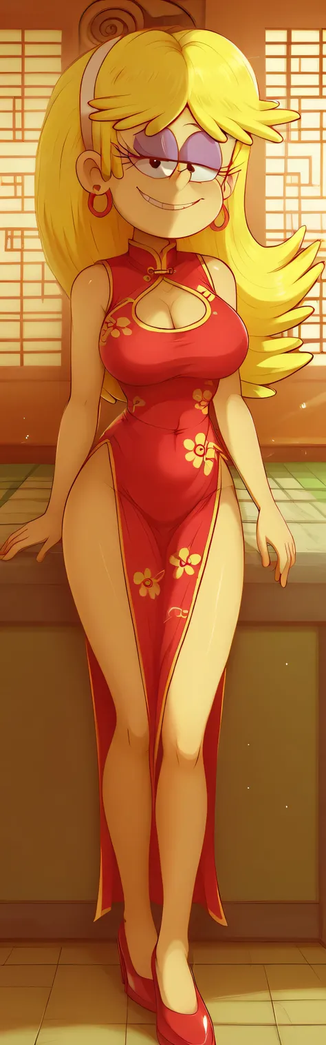 safe_pos, score_9, score_8_up, score_7_up BREAK blonde hair, long hair, earrings, purple eyeshadow, p1ngr3y, the loud house, BREAK large breasts, BREAK looking at you, cheongsam, inside of a chinese temple, full body view, smile, sexy pose, half closed eye...