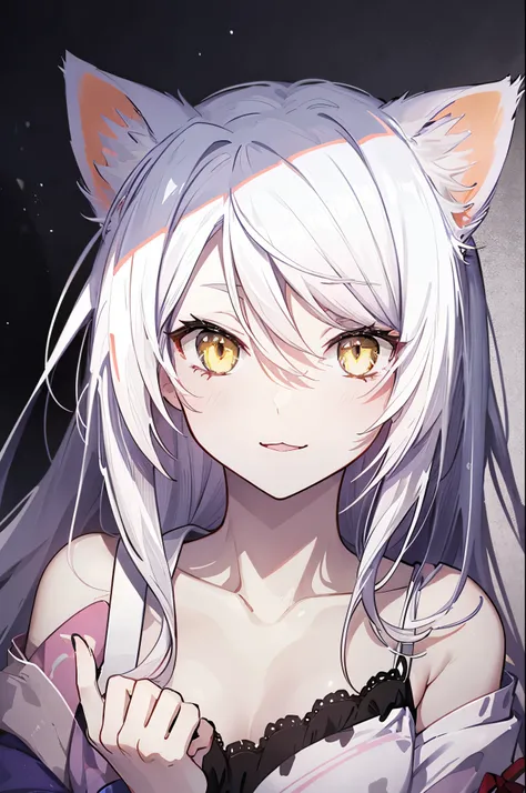 Cat ear girl,slutty yellow eyes,（masterpiece,Gray Hair,It shows everything from the upper body to the lower body,１Picture）perfect limb,Excited eyes,（masterpiece,Gray Hair,Overall view,Japanese Anime）perfect limb,（ Pink sleepwear with chest visible,Sleepwea...