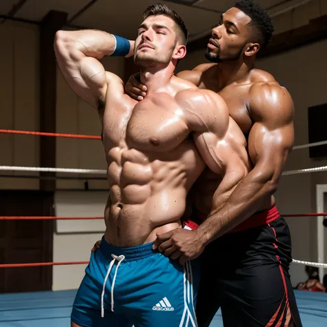 fit handsome athlete wrestled by a black man, 2men, armlock, arm twisted behind his back, arm up reaching back, hand on neck, resisting, short curly dark hair, short beard, red shorts, exhausted, sweaty, ripped abs, massive pectorals, massive biceps, massi...