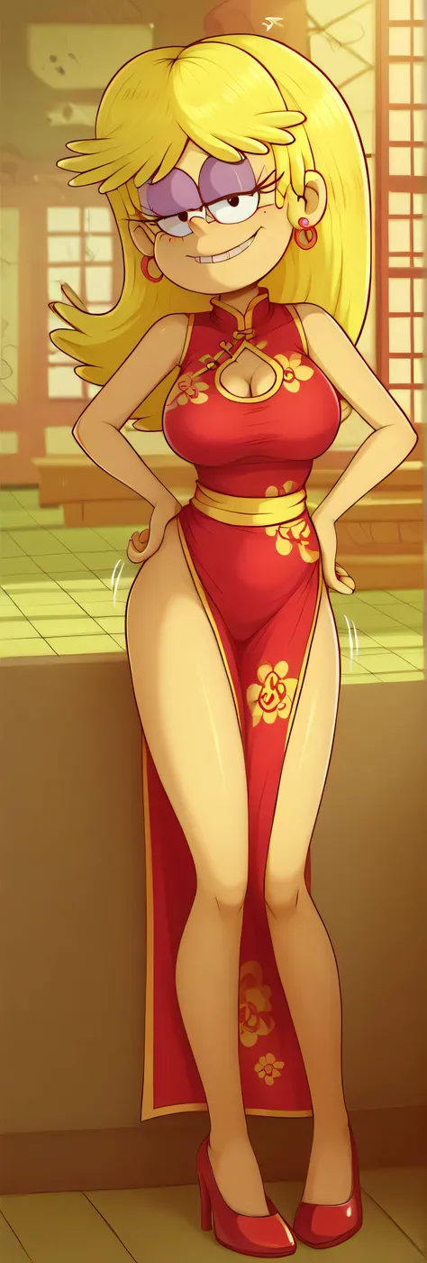 safe_pos, score_9, score_8_up, score_7_up BREAK blonde hair, long hair, earrings, purple eyeshadow, p1ngr3y, the loud house, BREAK large breasts, BREAK looking at you, cheongsam, inside of a chinese temple, full body view, smile, sexy pose, half closed eye...