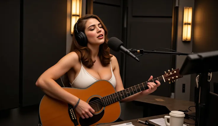 A young woman with long, wavy brown hair and fair skin, She wears a delicate spaghetti strap white dress, sitting in a professional recording studio, playing an acoustic guitar and singing with deep emotion. She wears high-quality studio headphones, her fi...