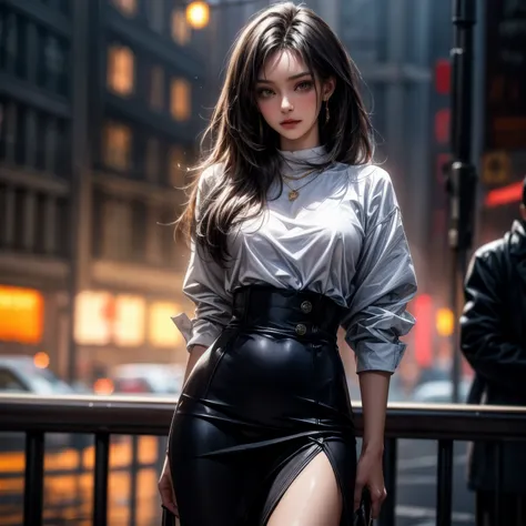 ((best quality)), ((Masterpiece)), ((Enrich the picture，Masterpiece level quality)), black hair, long hair, very big breasts, golden eyes, fierce woman, street fasion, mini white shirt, mini black skirt, sexy jacket, best quality, RAW 4K, Realistically, ( ...