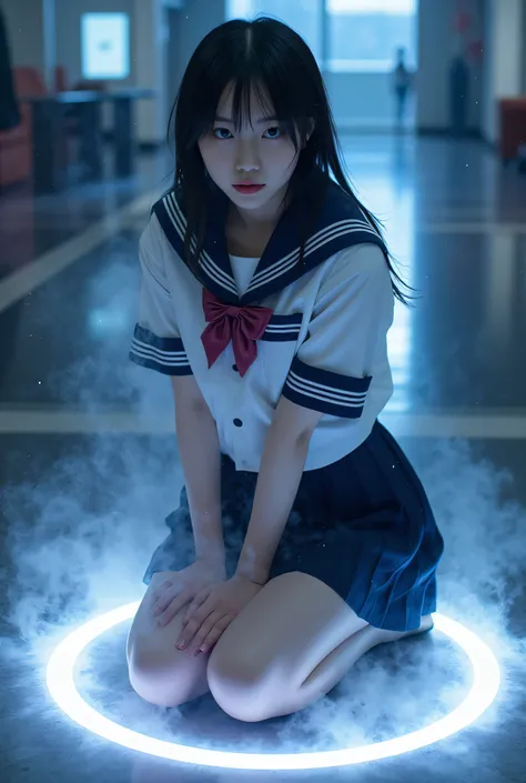( Masterpiece:1.2, excellent quality,Mirror-like, cinematic experience ),8k, wallpaper,( female 1 person),(A baby-faced Japanese high school girl from the future :2.0),( beautiful face, she's looking at me.),(  I'm crouching on one knee on a ring of light ...