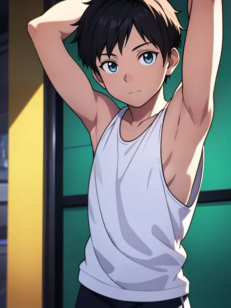 highres, masterpiece, Best quality at best price,best quality,high quality, hight detail, gay anime,  1boy  , Shota, young boy, lone individual, white tank top, upper body,  seen from the front  ,   look at the viewer , ( boys yang sangat muda ), (very sma...