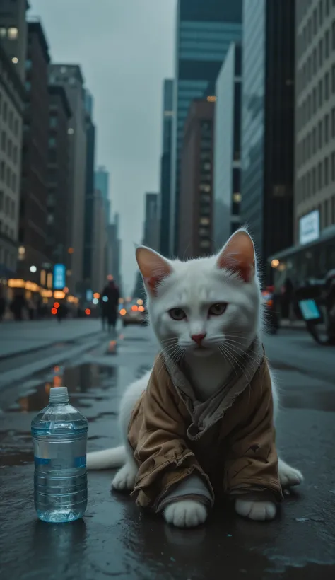 A sad white-haired kitten is wearing torn clothes,  he looks dirty ,  he's drinking water from a plastic water bottle .  The background is a corner of the city of New York、 It's raining