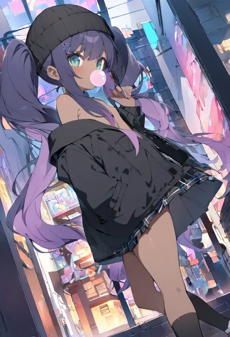 1 girl,Twin Tails, black hair,purple hair,gradient hair,very long hair,cut,Skin teeth ,jitome,green eyes,x Hair Ornament,flat chest
,nipples,(Brown Skin Woman:1.4),pink lip dress, black jacket,OVERSIZE JACKET, Pleated Skirt, Beanie, black thigh high socks...