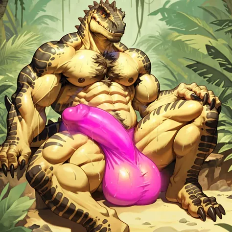  Male Tyrannosaurus 、dinosaur、pink underwear、 completely naked、brown scales、animal、 wrinkles between eyebrows、side down、Huge scrotum silhouette、Huge Male Genitals Silhouettes、 Huge Muscles、Giant Abs、 chest hair、pubic hair、Belly hair、 armpit hair、large back...