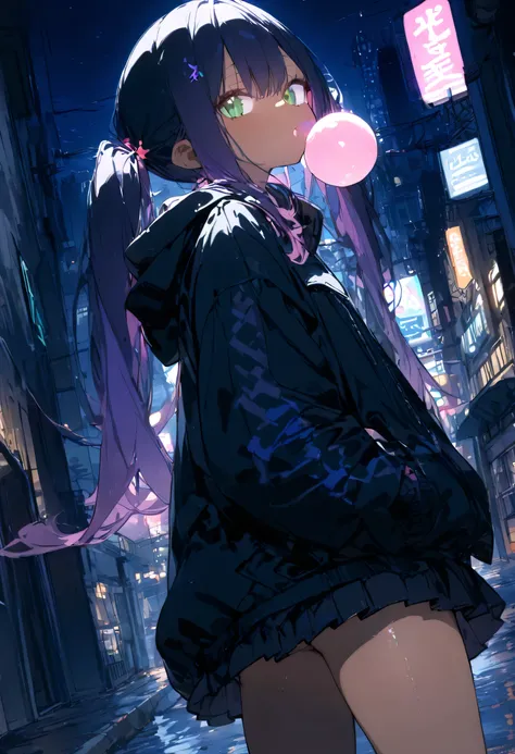 1 girl,Twin Tails, black hair,purple hair,gradient hair,very long hair,cut,Skin teeth ,jitome,green eyes,x Hair Ornament,flat chest
,nipples,(Brown Skin Woman:1.4),pink lip dress, black jacket,OVERSIZE JACKET, Pleated Skirt, Beanie, black thigh high socks...