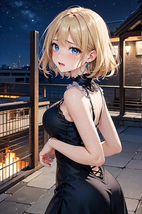  8k resolution,((Top Quality)),super high resolution, Adult Female, alone,  sexy, (Sad Expression,tears), (blue eyes), beautiful symmetrical face, (Blonde curled medium hair), Gemstone Earrings ,necklaces,black gothic dress with open back, lace long skirt,...