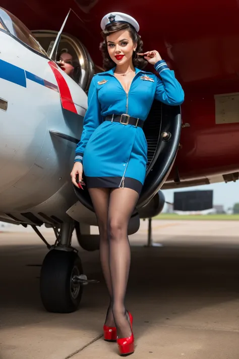 Digital illustration of a glamorous young woman from the U.S. Air Force posed in a classic pinup style on an airport tarmac. She’s perched playfully on the wing of a vintage fighter plane, wearing a fitted blue Air Force uniform jacket, unbuttoned to revea...