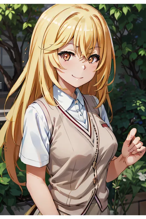 1girl, shokuhou_misaki, blonde straight hair, red eyes, tokiwadai school uniform, vest, looking at viewer, full of smile, charming smile to camera, her finger on her cheek, garden (extremely detailed, masterpiece, high resolution, absurdres,4K) 