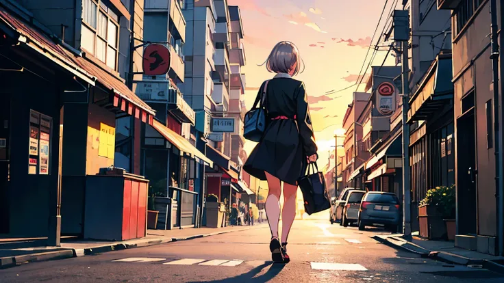 masterpiece, Top Quality, woman, pink silver hair , shortcut, The city at sunset, Walking on the way home, Eco bag 