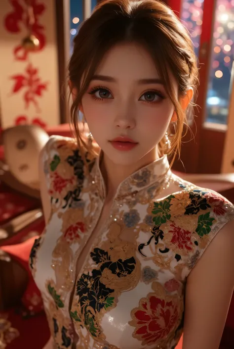 Cat ears、 face up, attractive, pretty girl, ponytail、few beautiful lady hair decorations, (( fine facial features , eroticism)), dramatic lighting , realistic , 8k, Dramatic Shadows , intricate and elaborate patterns , super detailed photo , chiaroscuro li...