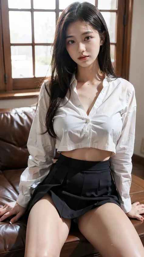 Young white girl black hair big breasts, bare legs, wearing school uniform white v-neck shirt exposing breasts and blue high waist skirt exposing open legs, wet naked breasts in the living room.