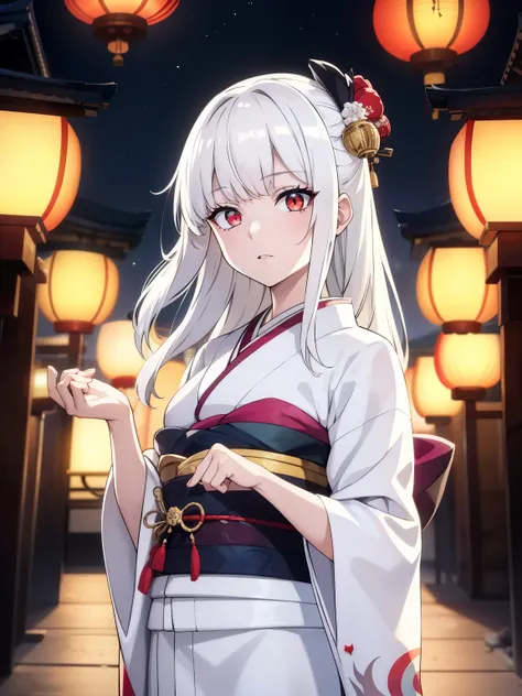 (high-quality, breathtaking),(expressive eyes, perfect face) 1girl, female, solo, white hair, red eyes, pale white skin, albino, positive expresion, portrait, symmetrical eyes, neutral, snake eyes, scales, kimono, mature, adult, half open eyes, night sky, ...