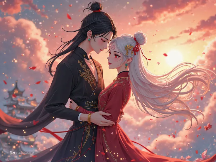 Chinese Otome game art, soft lighting, intricate details  
[Girl] Black twin buns past waist, ruby-red eyes with amber cores, three-petal ruby mark on forehead, Tang-style crimson hanfu with gold waist chains, crystallized jade hairpin  
[Man] Frost-white ...