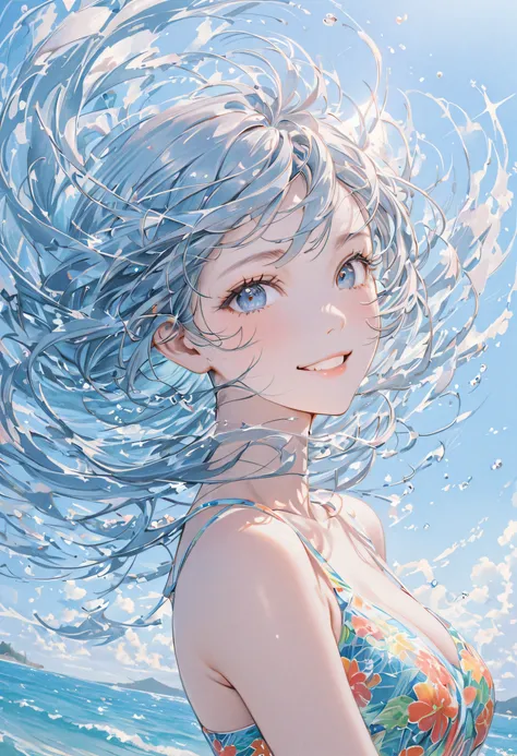  beautiful girl，On the theme of the summer sea，art，advertisement，Colored pencil drawing，draft 、 cute swimsuit,　beautiful face、digital art, surreal, dynamic composition、long hair fluttering in the wind、smile、masterpiece、Ultra High Precision、portrait、Top Qua...