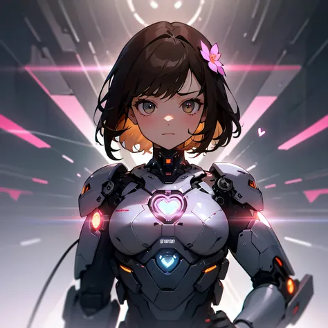  18-year-old cute girl 、brown hair、short hair、natural depiction、flower hair ornament、futuristic urban backgrounds、highly evolved cyborgs、A heart device shines on the chest of cyborgs and that light is reflected around them、Urban buildings have sharp angles...