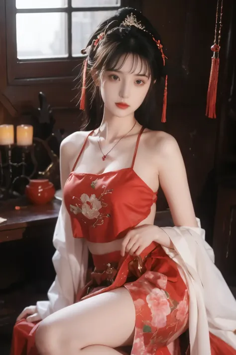 is the best quality, masterpiece, High Aims, 1 girl, Beautiful red Hanfu, Hair ornaments, necklace, ornament, pretty face, When the body, Tyndell effect, Realistic portrait, Dark Studio, Edge lighting, Bicolor Light , (very delicate skin:1.2), 8,000...