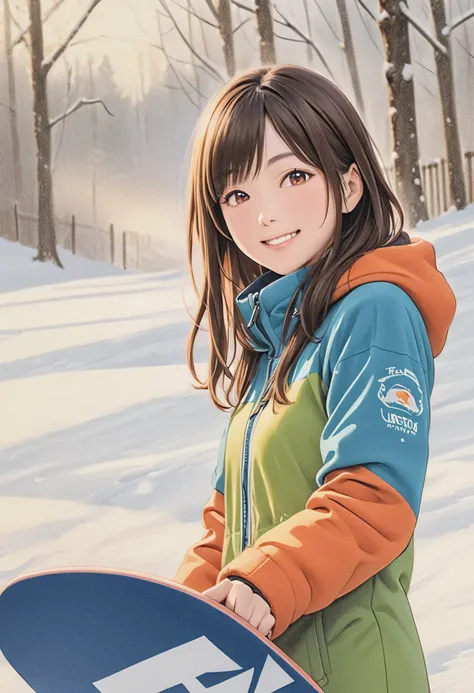 beautiful girl,Winter snowfields themed,art,advertisement,((Colored pencil drawing:1.4)), draft 、cute snowboard wear、The snow is diffusely reflected by sunlight and is beautiful、 beautiful face、Haruka Fukuhara、shortcut、smile、masterpiece、Ultra High Definit...