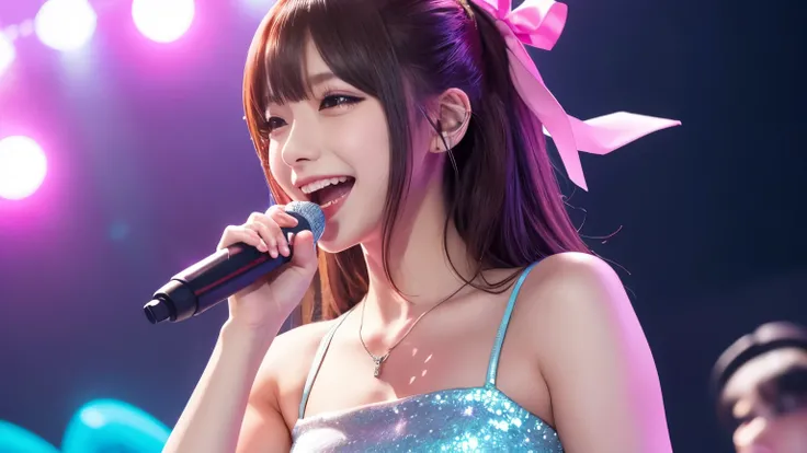 cute idol singer, Singing with a microphone, Upper body photo,  bright expression , Looks healthy, Light blue dress, Pink ribbon,  stage, audience, illumination,  glittering, Precise illustration, High Resolution, 4K, realistic, Fine, professional anime