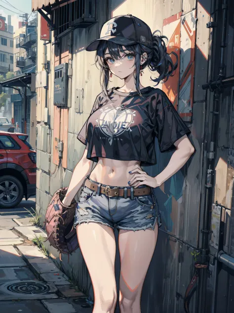 ideal ratio body proportions, perfect anatomy, correct body, earring, huge breasts, narrow waist, short hair, black hair, wavy hair, hair behind ear, half updo, looking at viewer, cowboy shot, outdoor, baseball cap, black T-shirt, crop top, shorts,