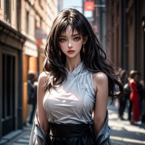 ((best quality)), ((Masterpiece)), ((Enrich the picture，Masterpiece level quality)), black hair, long hair, very big breasts, golden eyes, fierce woman, street fasion, mini white shirt, mini black skirt, sexy jacket, best quality, RAW 4K, Realistically, ( ...