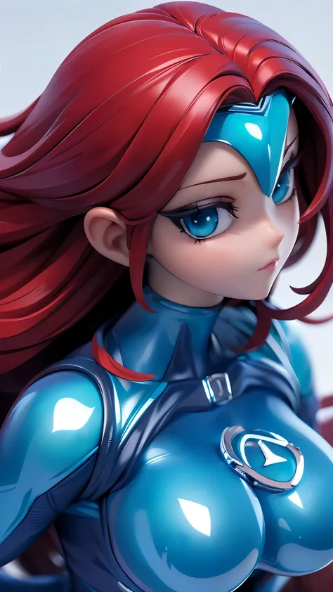 perfect anatomy top quality, highest resolution in elementary school,(((glittering light blue rider suit bodysuit Glittering light blue rider suit around shiny skin Shiny red hair long hair blue eyes))) fighter Bike
