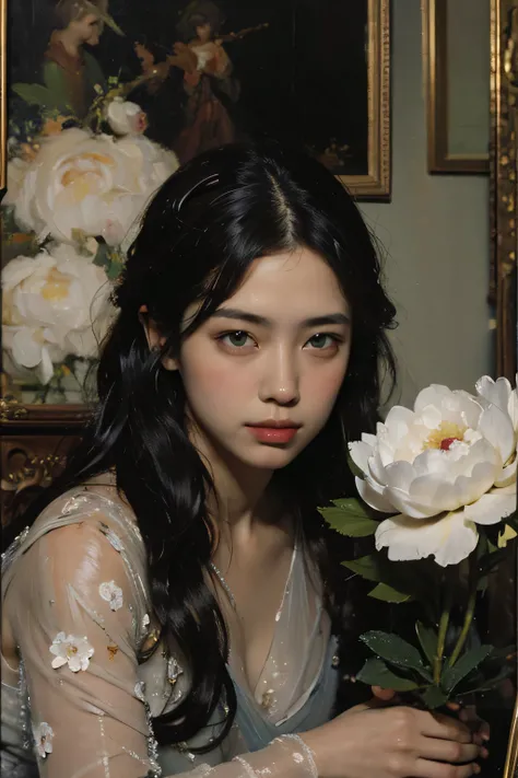 (oil painting:1.5), \\ a woman with (long curtly hair ), ((green eyes)) is lie on the ground, peony, (amy sol:0.248), with dress, (stanley artgerm lau:0.106), (a detailed painting:0.353), (gothic art:0.106)
