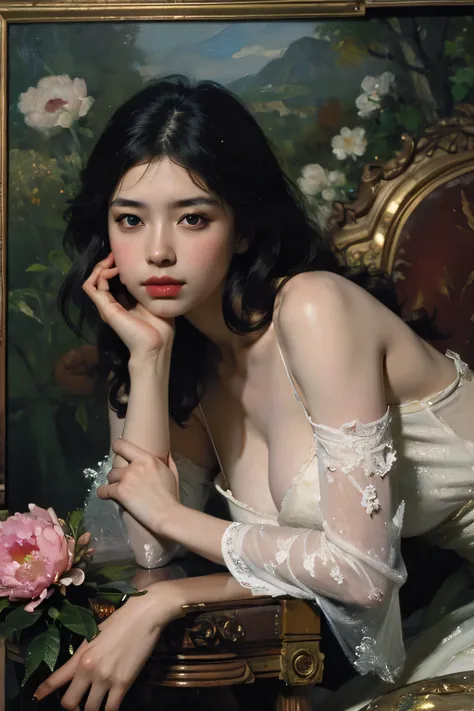 (oil painting:1.5), \\ a woman with (long curtly hair ), ((green eyes)) is lie on the ground, peony, (amy sol:0.248), with dress, (stanley artgerm lau:0.106), (a detailed painting:0.353), (gothic art:0.106)
