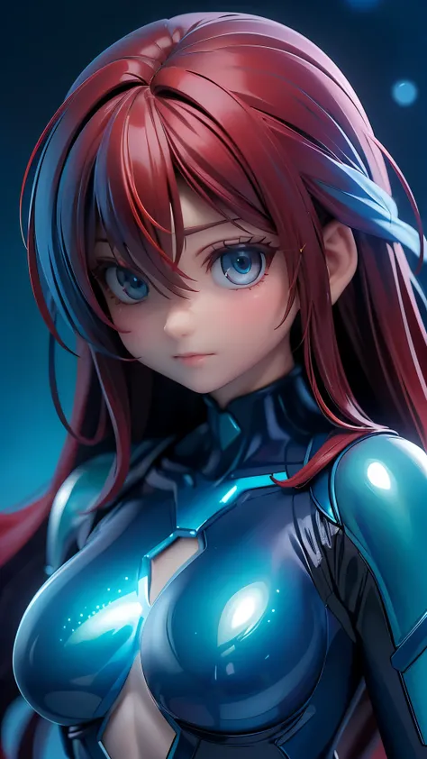  perfect anatomy　 top quality, highest resolution in elementary school,(((glittering light blue rider suit　 bodysuit 　 Glittering light blue rider suit around shiny skin　Shiny red hair　 long hair　 blue eyes)))　fighter　 Bike　 very small breasts