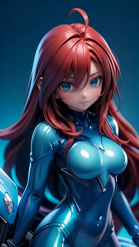 perfect anatomy top quality, highest resolution in elementary school,(((glittering light blue rider suit bodysuit Glittering light blue rider suit around shiny skin Shiny red hair long hair blue eyes))) fighter Bike very small breasts