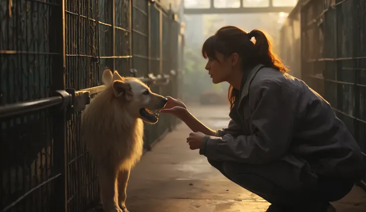 : A kind-looking person kneeling in front of a cage in an animal shelter, reaching out their hand towards a sad dog. The dog hesitates but looks curiously at the person, ears slightly perked up. The background shows other cages and a warm light entering th...