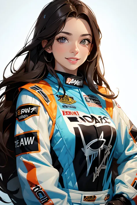  beautiful brunette girl  . Her 30 years old .black eyes .  She's wearing a racing suit .  she laughs  . 