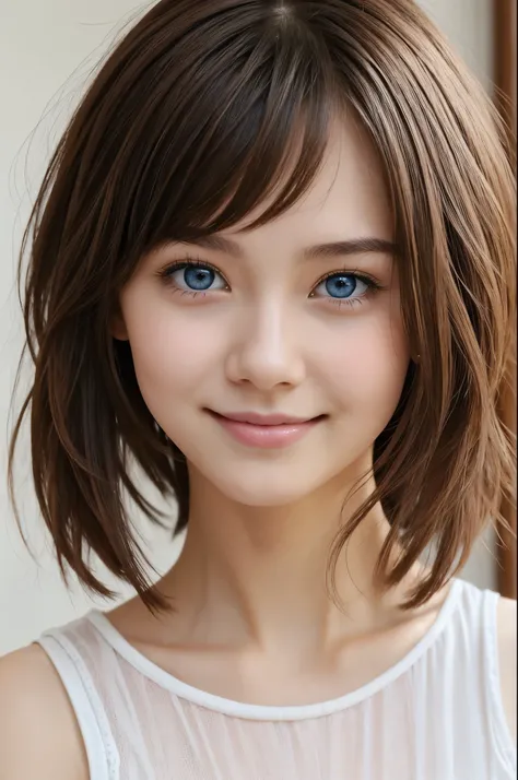 girls,
White skin、 has pink lips,
Small breasts、
blue eyes,
 slim,
kind smile,
short brown hair,
 歳のgirls1人
ワンピースを着て