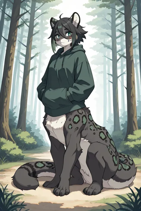 furry female leopard taur, short black hair, dark green highlights, black fur, thick tail, wearing forest green hoodie