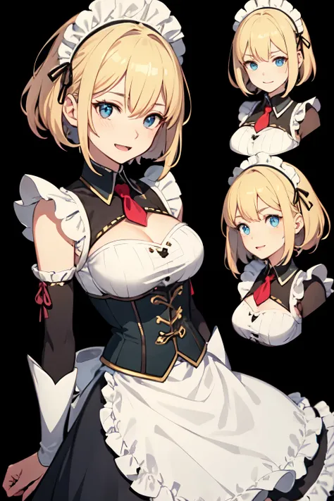 A young and beautiful female character with blonde hair and mesmerizing eyes, depicted in a semi-realistic anime style. She has a well-endowed figure and wears a detailed maid outfit combined with light RPG armor. Her outfit includes a frilled apron, a cor...