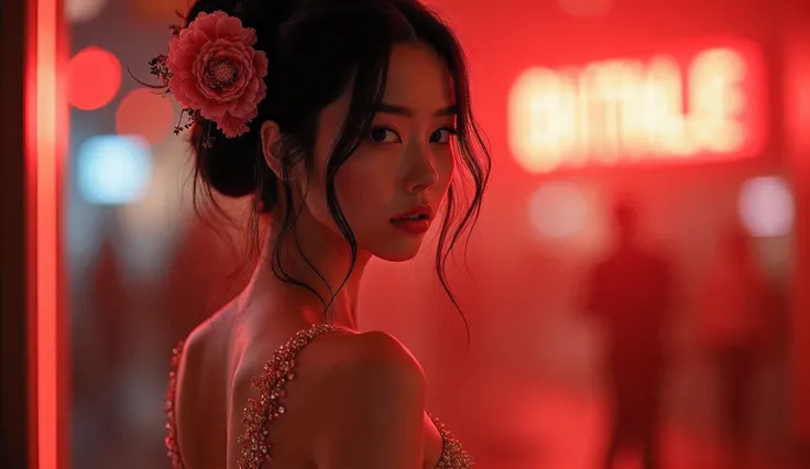 A Japanese woman in a slit dress with a cattleya hair accessory is holding a glass at a disco