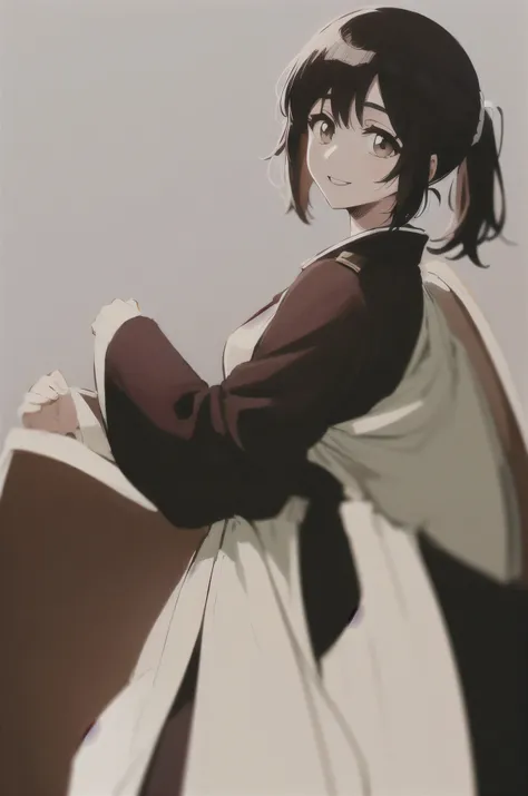 masterpiece,  Top Quality ,
 1 girl from the side ,   romantic love ,    black hair,  single , ponytail, Vancouver,  brown eyes,
 Hair bangs,
   kimono, white sleeveless coat ,Captain's coat without white sleeves,  black  kimono ,
smile, alone,   I'm looki...