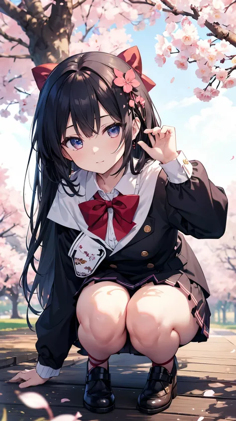 Crouching and posing at the riverside、anime girl wearing miniskirt and red bow、Cherry blossoms in full bloom、Cherry Tree、 masterpiece, Top Quality, Official Art, (very detailed CG Unity 8K wallpaper), Sensation  , (Guido Daniel's hand : 1.1), ft out frame,...