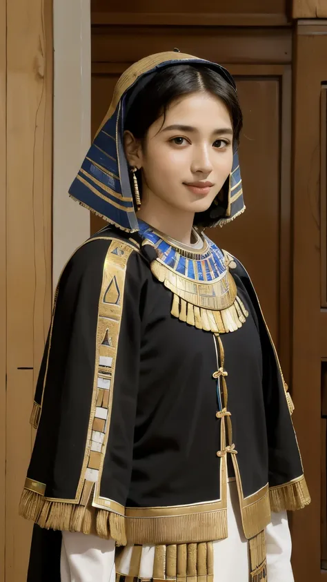 365 (20 year old woman and 20 year old man),(short hair), (high quality photos), (gentle smile), (colorful ancient egyptian costumes), (Rembrandt painting),(Hieroglyphs、Ancient Egyptian)