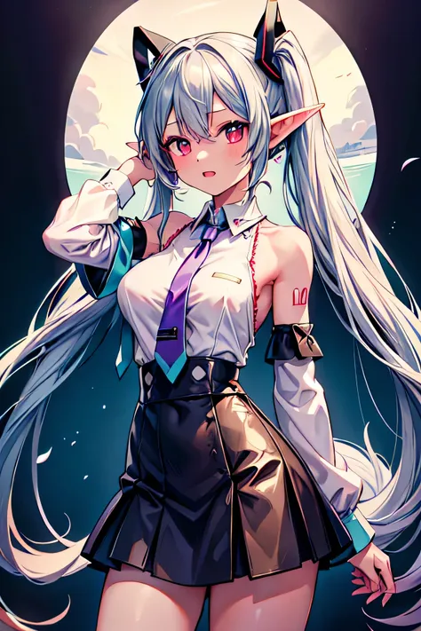 Hatsune Miku cosplay.
hatsune miku, necktie,skirt,shirt,no sleeve.
He grabs his hair in a twin tail style.

An anime-style girl has very dark brown skin like a dark elf, and long straight purple and silver hair tied in a single ring on top of her head.
She...