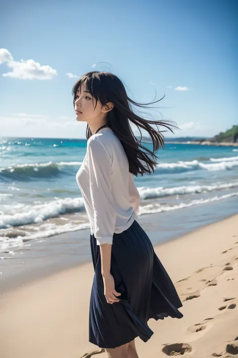 Anime girl standing on the beach with her hair fluttering in the wind, Hiro Yamagata, Shinkai Makoto and Art Jam, Kissed by Xiao Linqing,  Makoto Shinkai's art style,  by Kentaro Miura ,  Medusa Ishida Art Manga ,  Shinkai Makifu , by Yoshihiko Wada