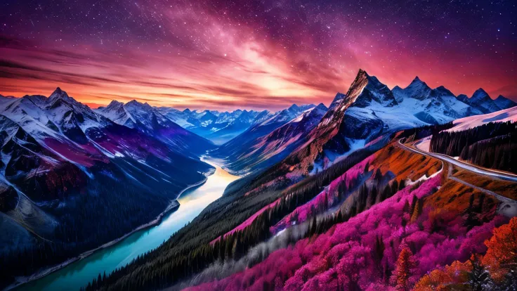 best quality, masterpiece, Beautiful wild nature fantasy landscape with sparkling light,Spectacular nature ,Delicate Natural Atmosphere,Majestic scenery shining in red purple,Aerial View,Magnificent Mountain々,