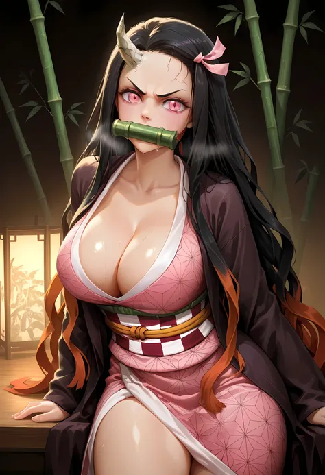 didipaint,1girl, kamado_nezuko, Demon Slayer, breasts, slit_pupils, cleavage, solo, gag, japanese_clothes, pink_eyes, long_hair, horns, large_breasts, looking_at_viewer, kimono, black_hair, bit_gag, checkered_sash, multicolored_hair, ribbon, forehead, hair...