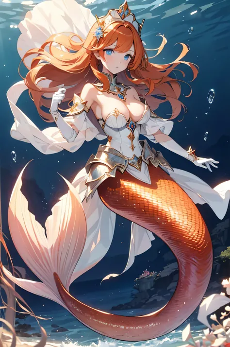 4K,High Resolution, one woman,mermaid,orange hair,long hair, blue eyes,huge boobs,Knight,White sacred armor, White Armor Gloves,longsword,Jewelry decoration,Pearl decoration, in the sea,seabed,seabed神殿