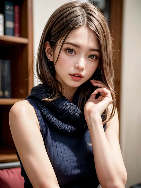 (masterpiece, best quality、beautiful appearance of an adult woman 、 adds intense highlights to the eyes ),1 girl, Alone,   black hair,  scarf,  above Decorati has ,, realistic,  Viewer, Light-coloured black eyes, short hair,  comments, Winter clothes, Whit...