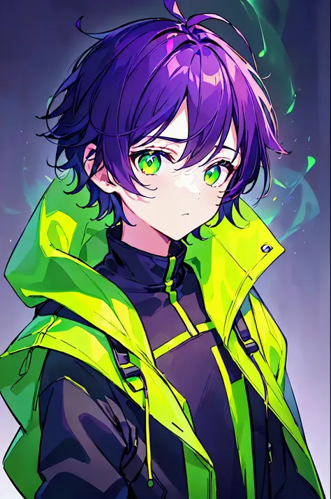 [(BLACK BACKGROUND:1.5),::5], ((((masterpiece)))), high quality, ultra very high resolution, full color, (((solo))), ((little younger boy)), (men's black short hair), ((purple streaked hair)), (green eyes), anime, ((upper body)), neon light, black parka, (...