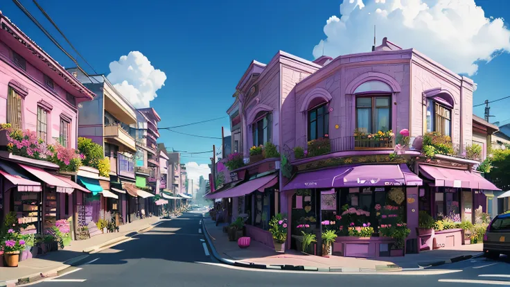 Streetscape with flower shops, boulevard buildings are pink blue、Purple、Orchid plant、Flower shop left and right